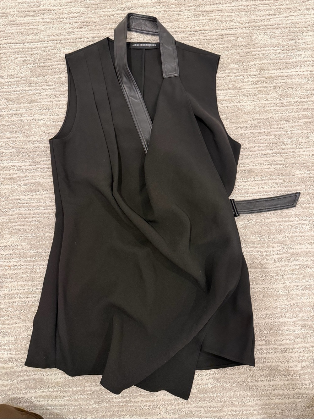 Alexander McQueen Black Asymmetrical Leather Trim Sleeveless Wrap Top